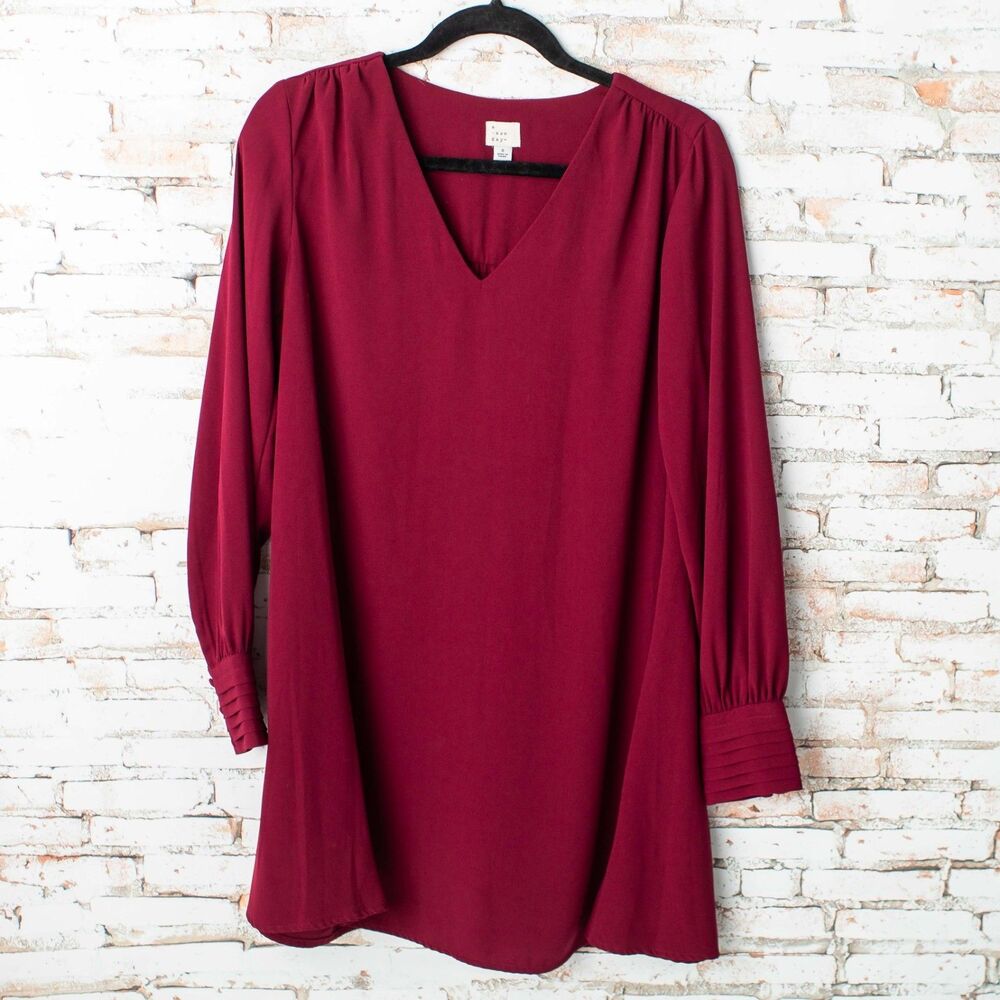 A New Day Women's Small Burgundy Red V Neck Long Sleeve Shift Dress Button Cuff